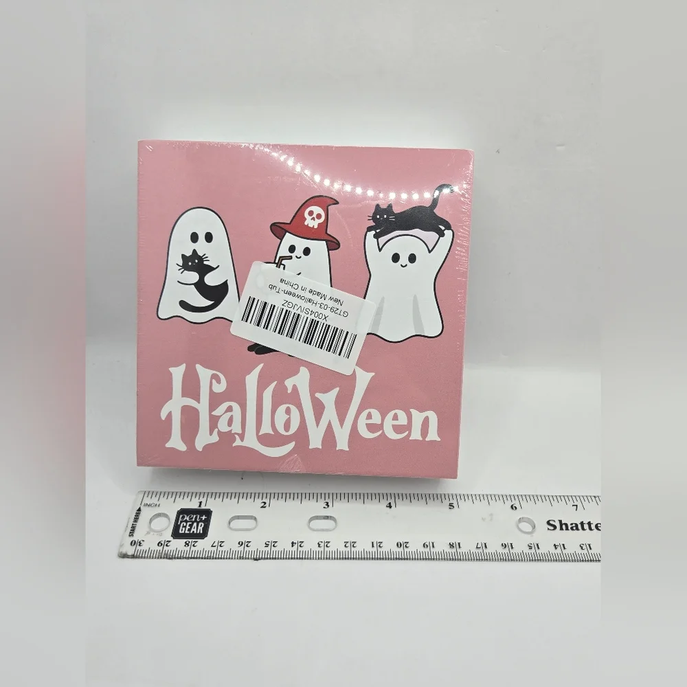 Pink Halloween Ghost Wood Block Sign – Cute Spooky Shelf Decor –‎ New